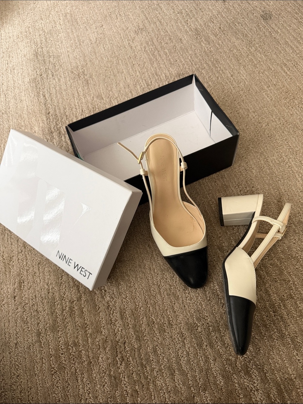Nine West Cream and Black Pointed Slingback Block Heels